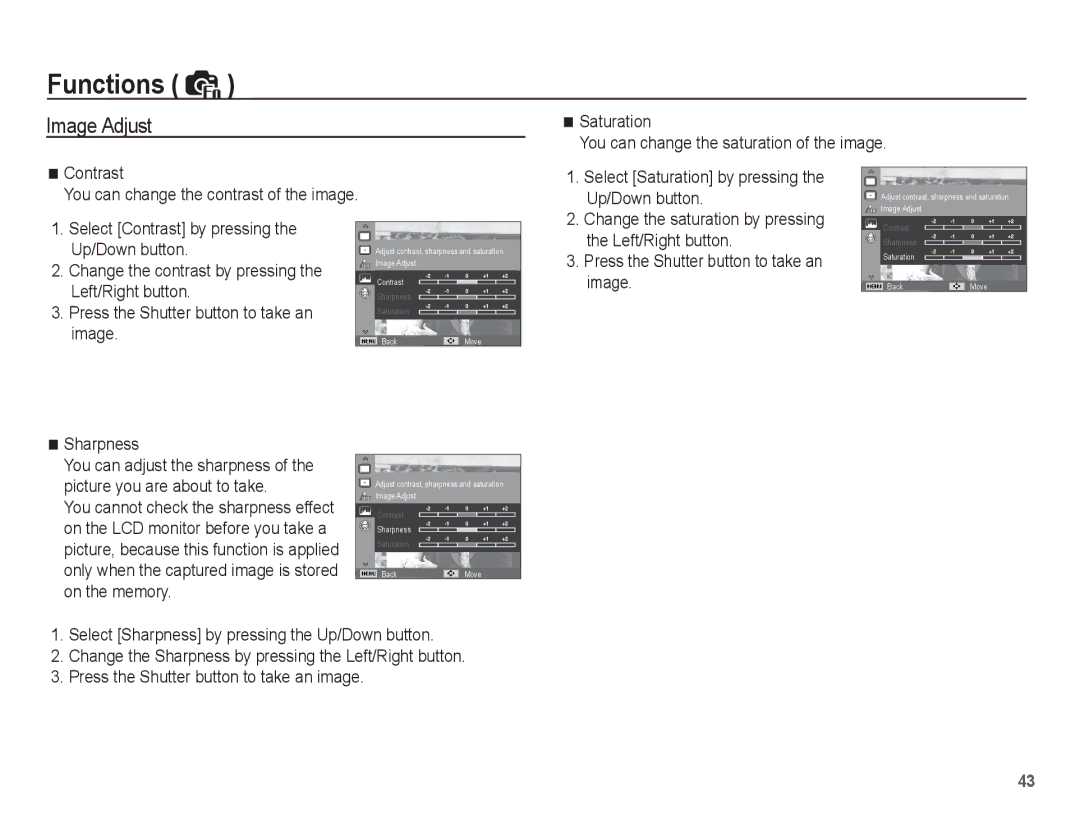 Samsung EC-ES60ZZDPRME, EC-ES63ZZBPAE1, EC-ES60ZZBPPE1, EC-ES60ZZBPBE1, EC-ES60ZZBPAE1, EC-ES60ZZBPRIT manual Image Adjust 