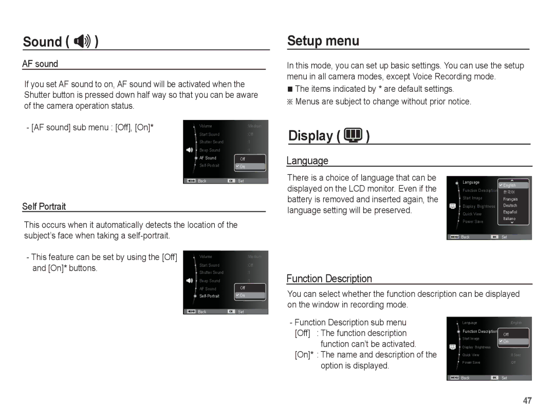 Samsung EC-ES60ZZBPRSA, EC-ES63ZZBPAE1, EC-ES60ZZBPPE1, EC-ES60ZZBPBE1 Setup menu, Display, Language, Function Description 