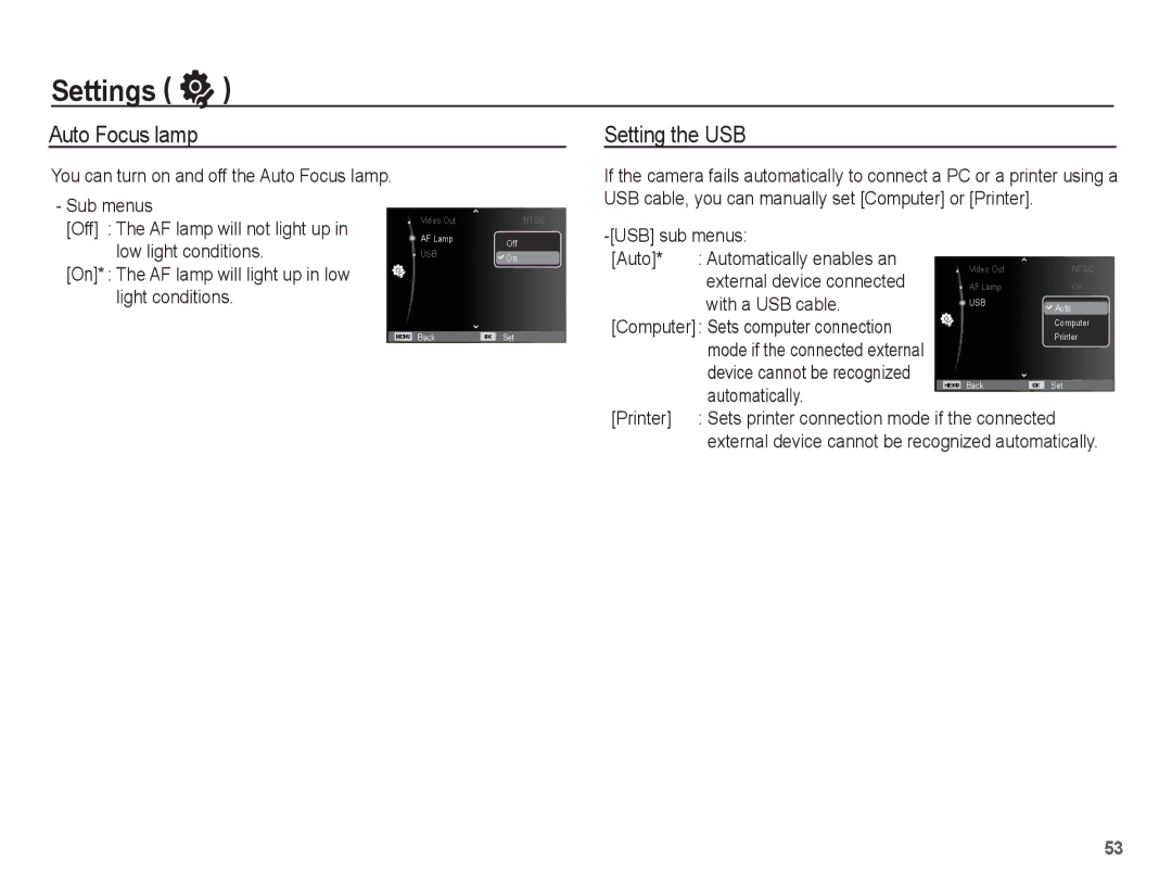 Samsung EC-ES60ZZBPRVN, EC-ES63ZZBPAE1, EC-ES60ZZBPPE1, EC-ES60ZZBPBE1, EC-ES60ZZBPAE1 manual Auto Focus lamp Setting the USB 