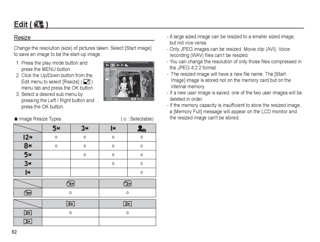 Samsung EC-ES60ZZBPRRU, EC-ES63ZZBPAE1, EC-ES60ZZBPPE1, EC-ES60ZZBPBE1, EC-ES60ZZBPAE1, EC-ES60ZZBPRIT manual Edit, Resize 