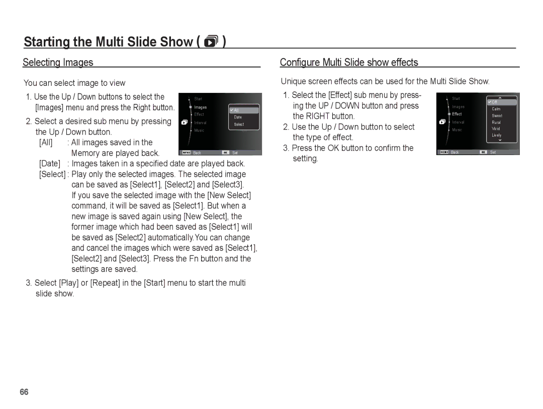 Samsung EC-ES60ZZBPRE2, EC-ES63ZZBPAE1, EC-ES60ZZBPPE1, EC-ES60ZZBPBE1 Selecting Images, Configure Multi Slide show effects 