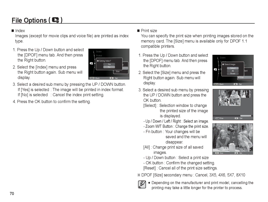 Samsung EC-ES60ZZBPAE1 Dpof menu tab. And then press, Select the Size menu and press, Right button again. Sub menu will 