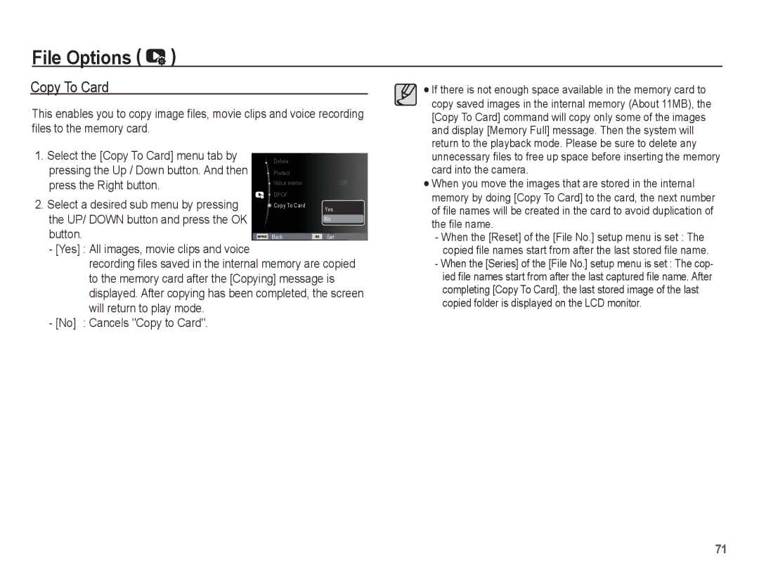 Samsung EC-ES60ZZBPRIT, EC-ES63ZZBPAE1 manual Press the Right button, Button, Select the Copy To Card menu tab by 