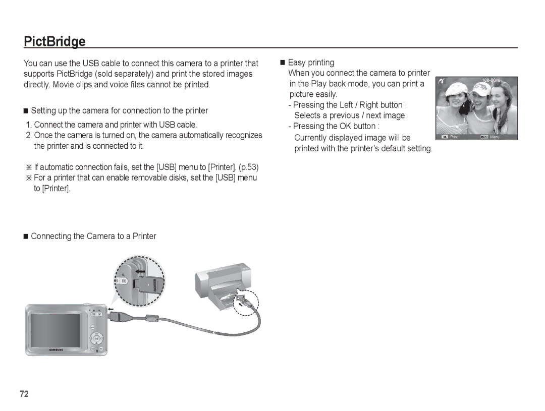 Samsung EC-ES60ZZBPBIT, EC-ES63ZZBPAE1, EC-ES60ZZBPPE1, EC-ES60ZZBPBE1, EC-ES60ZZBPAE1, EC-ES60ZZBPRIT manual PictBridge 