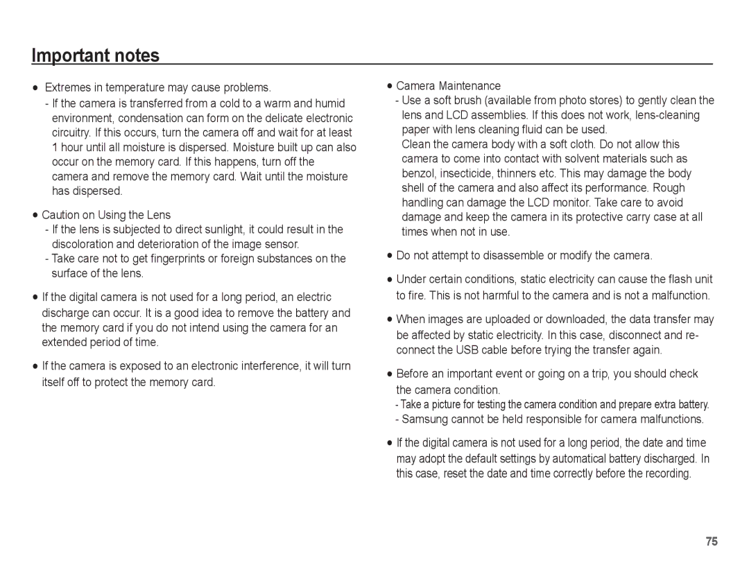 Samsung EC-ES60ZZBPAPA Extremes in temperature may cause problems, Do not attempt to disassemble or modify the camera 