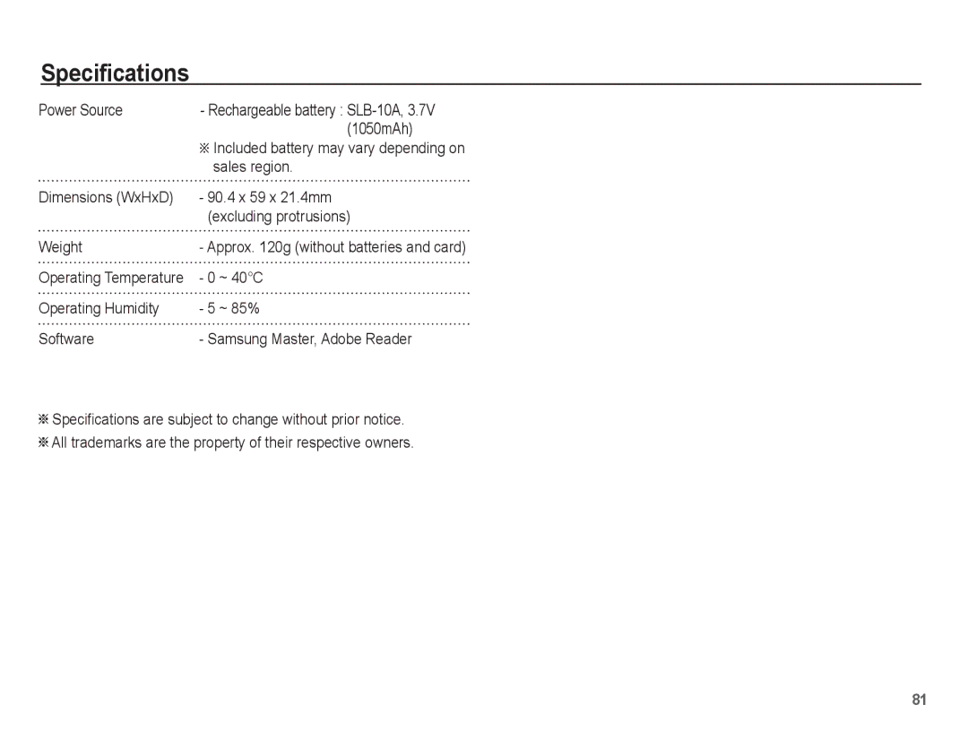 Samsung EC-ES60ZZBPRSA, EC-ES63ZZBPAE1, EC-ES60ZZBPPE1, EC-ES60ZZBPBE1 manual Power Source, 1050mAh, Sales region, ~ 40C 