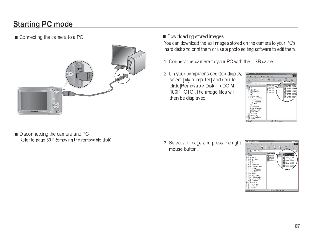 Samsung EC-ES60ZZBPRVN, EC-ES63ZZBPAE1 manual Downloading stored images, Connect the camera to your PC with the USB cable 