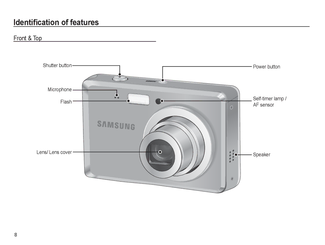 Samsung EC-ES60ZZBPRE1, EC-ES63ZZBPAE1, EC-ES60ZZBPPE1, EC-ES60ZZBPBE1, EC-ES60ZZBPAE1 Identiﬁcation of features, Front & Top 