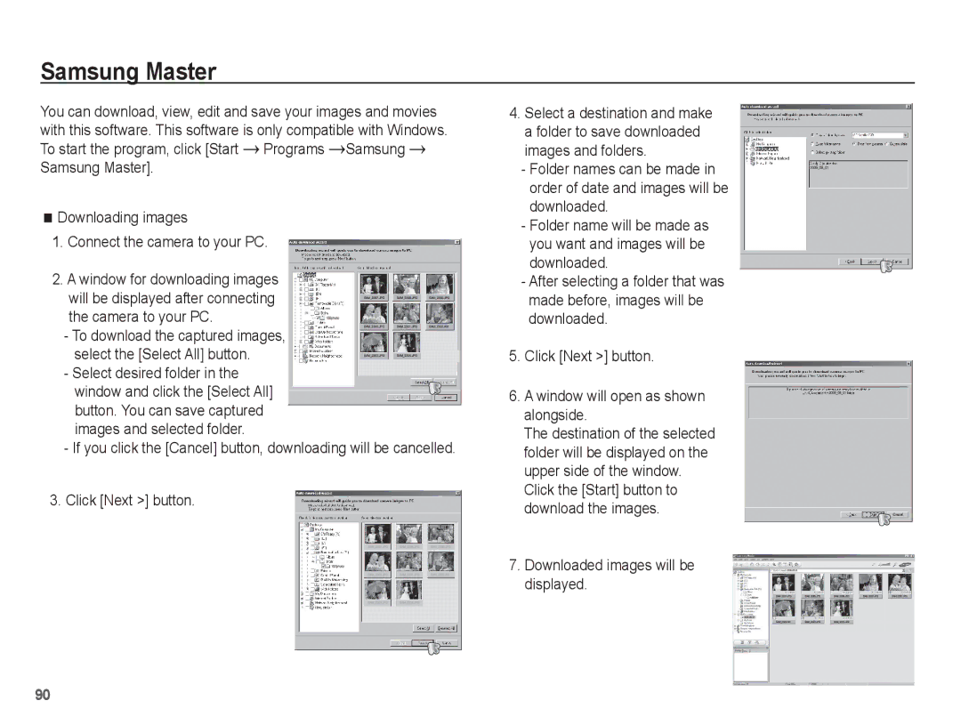 Samsung EC-ES60ZZBPAE3, EC-ES63ZZBPAE1 manual Samsung Master, Click Next button, Downloaded images will be displayed 