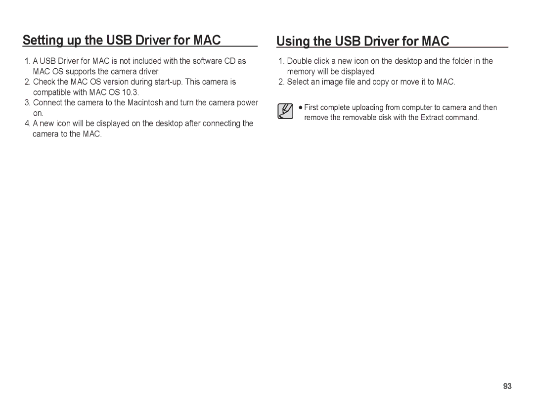 Samsung EC-ES60ZZBPARU, EC-ES63ZZBPAE1, EC-ES60ZZBPPE1 manual Setting up the USB Driver for MAC, Using the USB Driver for MAC 