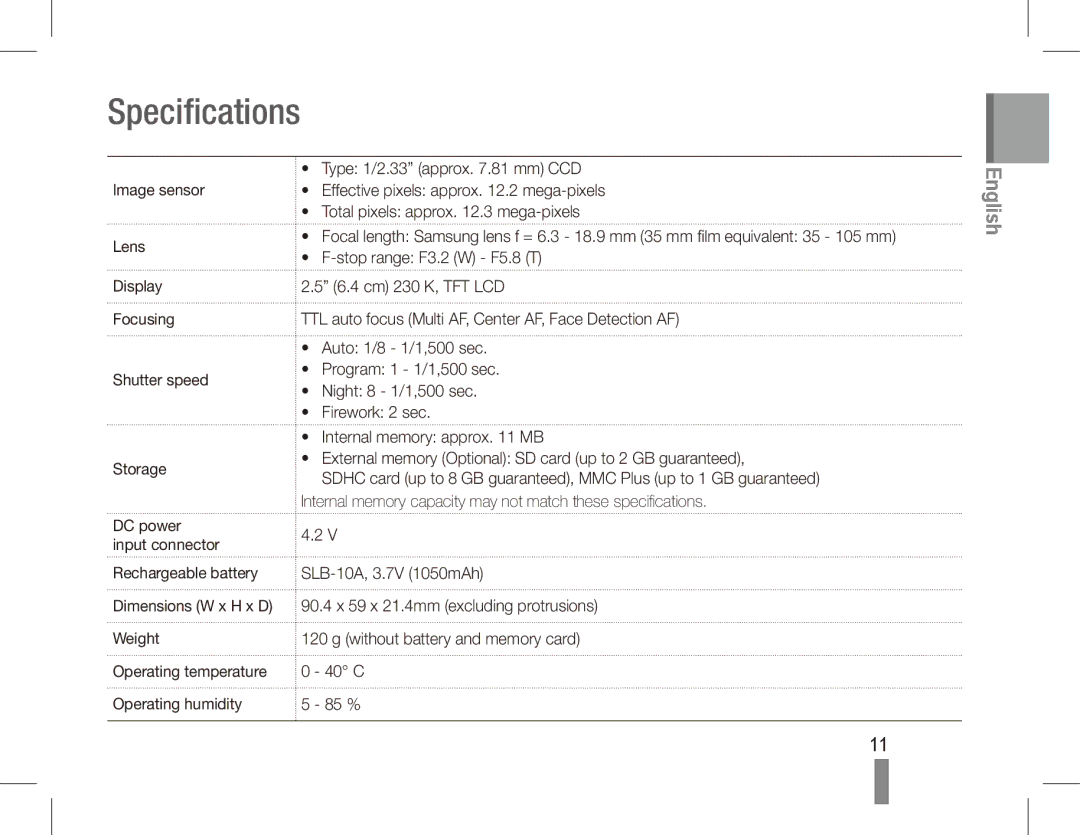 Samsung EC-ES60ZZDPBME, EC-ES63ZZBPAE1, EC-ES60ZZBPPE1, EC-ES60ZZBPBE1, EC-ES60ZZBPAE1, EC-ES60ZZBPRIT manual Specifications 