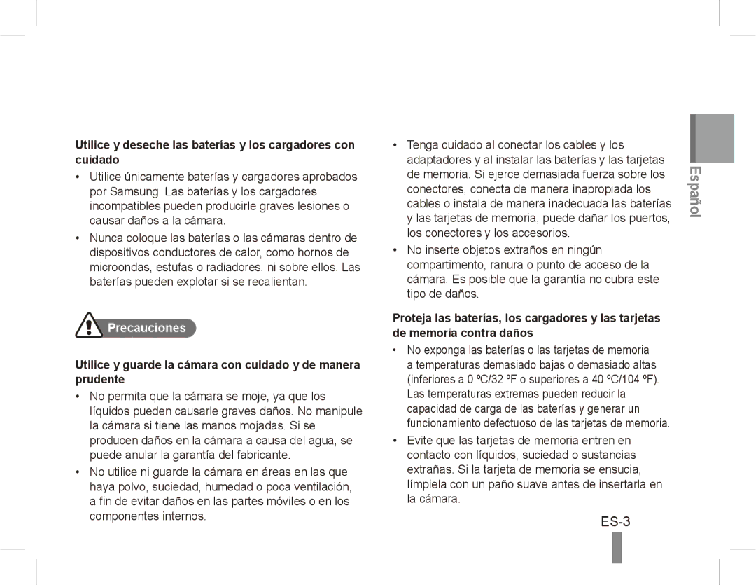 Samsung EC-ES60ZZBPBSA, EC-ES63ZZBPAE1 ES-3, Utilice y deseche las baterías y los cargadores con cuidado, Precauciones 