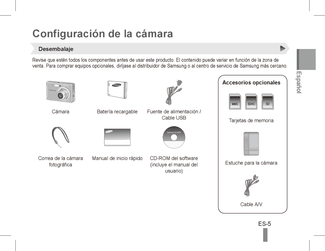 Samsung EC-ES60ZZDPPME, EC-ES63ZZBPAE1, EC-ES60ZZBPPE1 Configuración de la cámara, ES-5, Desembalaje, Accesorios opcionales 