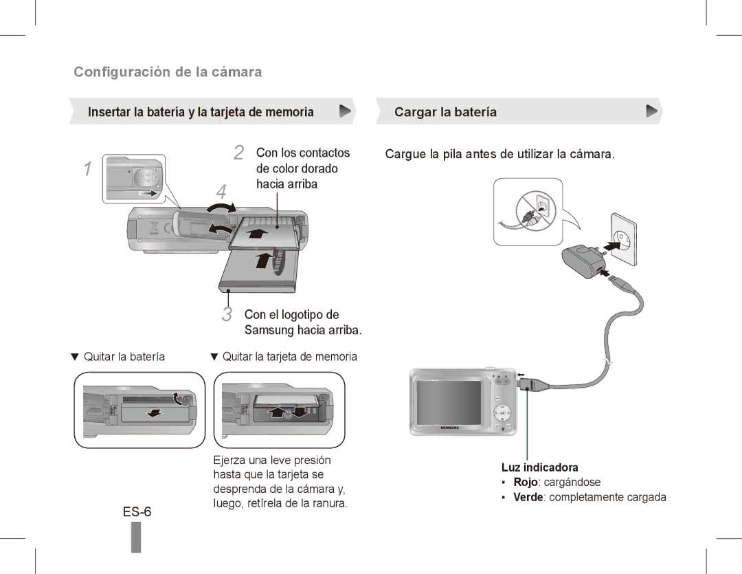 Samsung EC-ES60ZZDPAME manual ES-6, Con los contactos, De color dorado Hacia arriba Con el logotipo de, Luz indicadora 