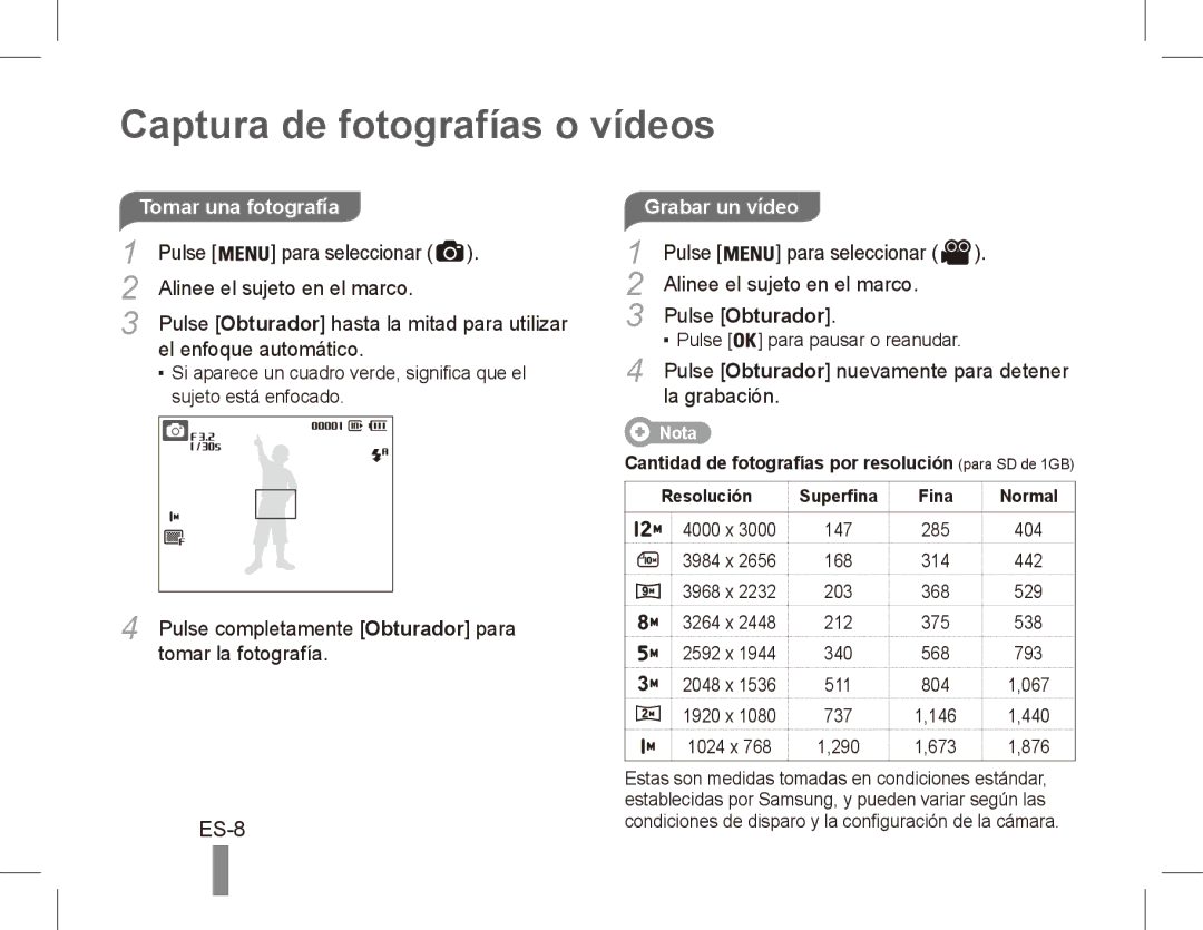 Samsung EC-ES60ZZBPPVN, EC-ES63ZZBPAE1, EC-ES60ZZBPPE1 manual Captura de fotografías o vídeos, ES-8, Grabar un vídeo 