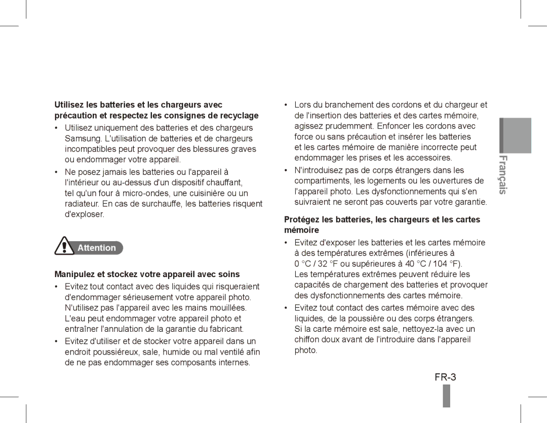 Samsung EC-ES60ZZBPAE3, EC-ES63ZZBPAE1, EC-ES60ZZBPPE1, EC-ES60ZZBPBE1 FR-3, Manipulez et stockez votre appareil avec soins 