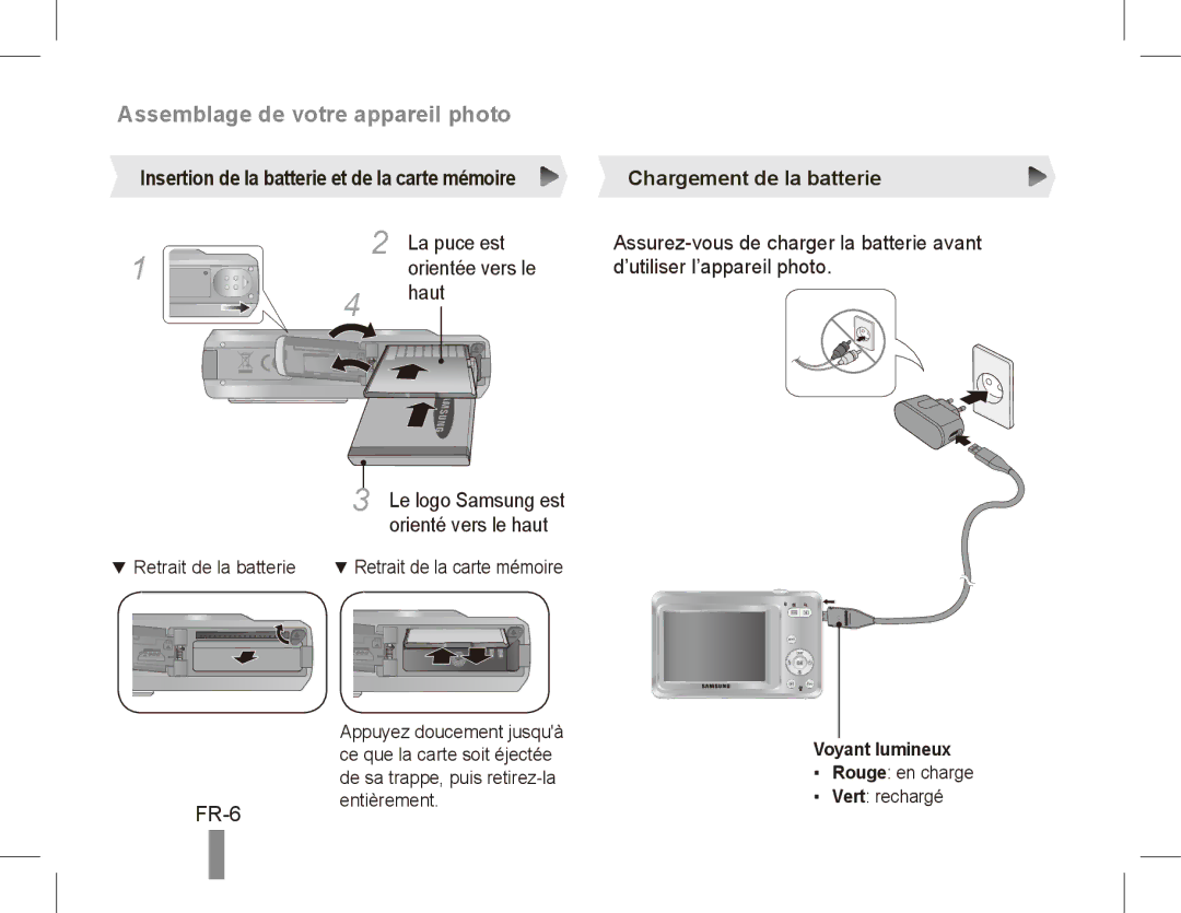 Samsung EC-ES60ZZBPARU, EC-ES63ZZBPAE1 manual La puce est, Orientée vers le ’utiliser l’appareil photo Haut, Voyant lumineux 