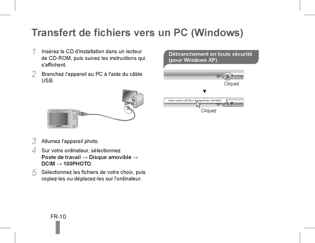 Samsung EC-ES60ZZBPBE2 manual Transfert de fichiers vers un PC Windows, FR-10, Saffichent, Allumez lappareil photo 