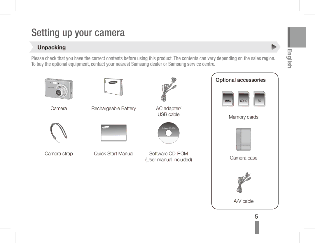 Samsung EC-ES60ZZBPBIT, EC-ES63ZZBPAE1, EC-ES60ZZBPPE1 manual Setting up your camera, Unpacking, Optional accessories 