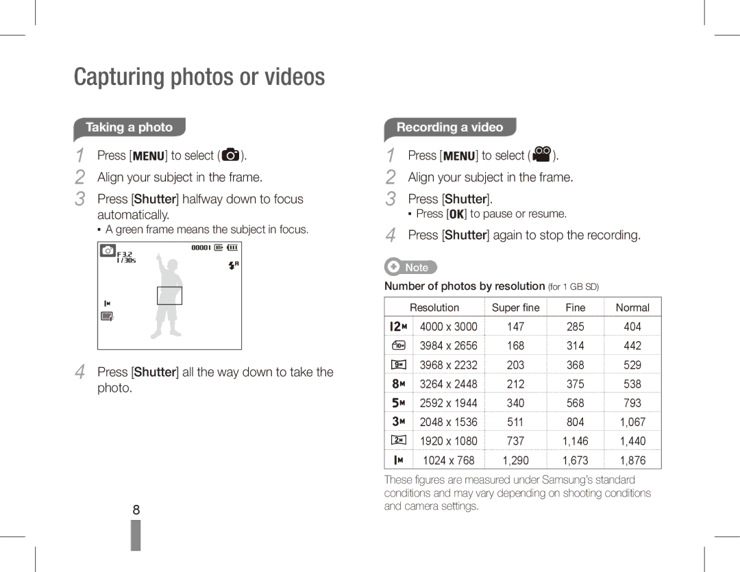 Samsung EC-ES60ZZBPAPA manual Capturing photos or videos, Press To select Align your subject in the frame, Automatically 