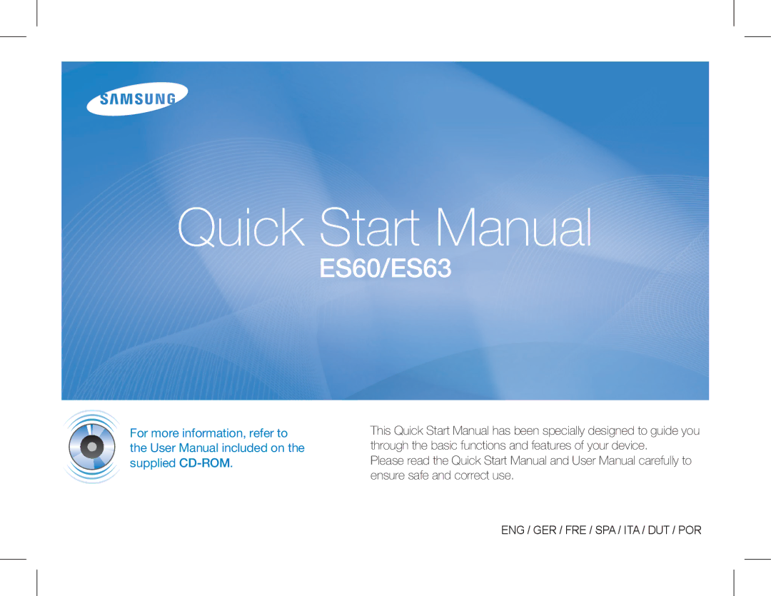 Samsung EC-ES60ZZBPPE1, EC-ES63ZZBPAE1, EC-ES60ZZBPBE1, EC-ES60ZZBPAE1, EC-ES60ZZBPRIT manual Quick Start Manual 