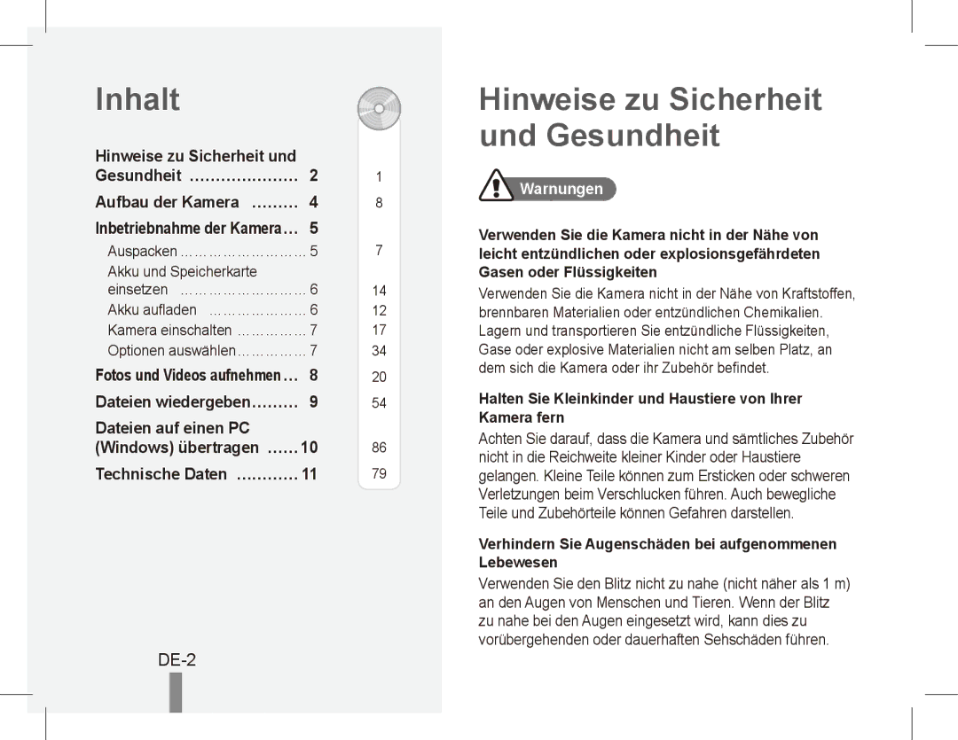 Samsung EC-ES60ZZBPASA Inhalt, Hinweise zu Sicherheit und Gesundheit, DE-2, Gesundheit… ………………… Aufbau der Kamera… ……… 