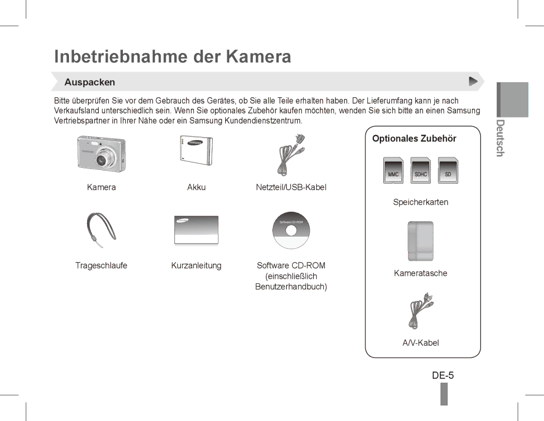 Samsung EC-ES60ZZDPPME, EC-ES63ZZBPAE1, EC-ES60ZZBPPE1 manual Inbetriebnahme der Kamera, DE-5, Auspacken, Optionales Zubehör 