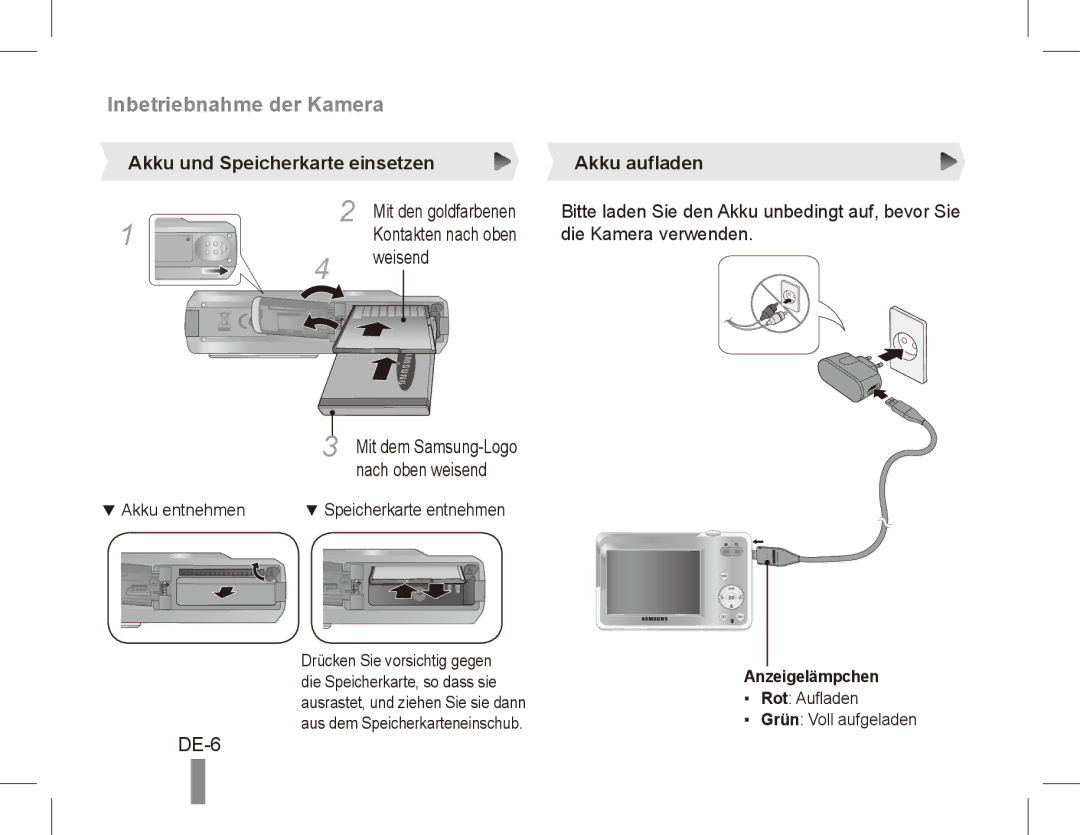 Samsung EC-ES60ZZDPAME manual DE-6, Akku und Speicherkarte einsetzen Akku aufladen, Mit den goldfarbenen, Anzeigelämpchen 