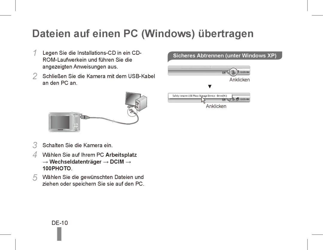 Samsung EC-ES60ZZBPRVN, EC-ES63ZZBPAE1 manual Dateien auf einen PC Windows übertragen, DE-10, → Wechseldatenträger → Dcim → 