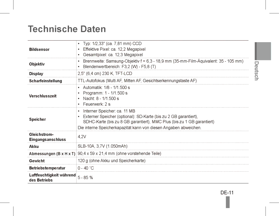 Samsung EC-ES60ZZBPAVN, EC-ES63ZZBPAE1, EC-ES60ZZBPPE1, EC-ES60ZZBPBE1, EC-ES60ZZBPAE1, EC-ES60ZZBPRIT Technische Daten, DE-11 