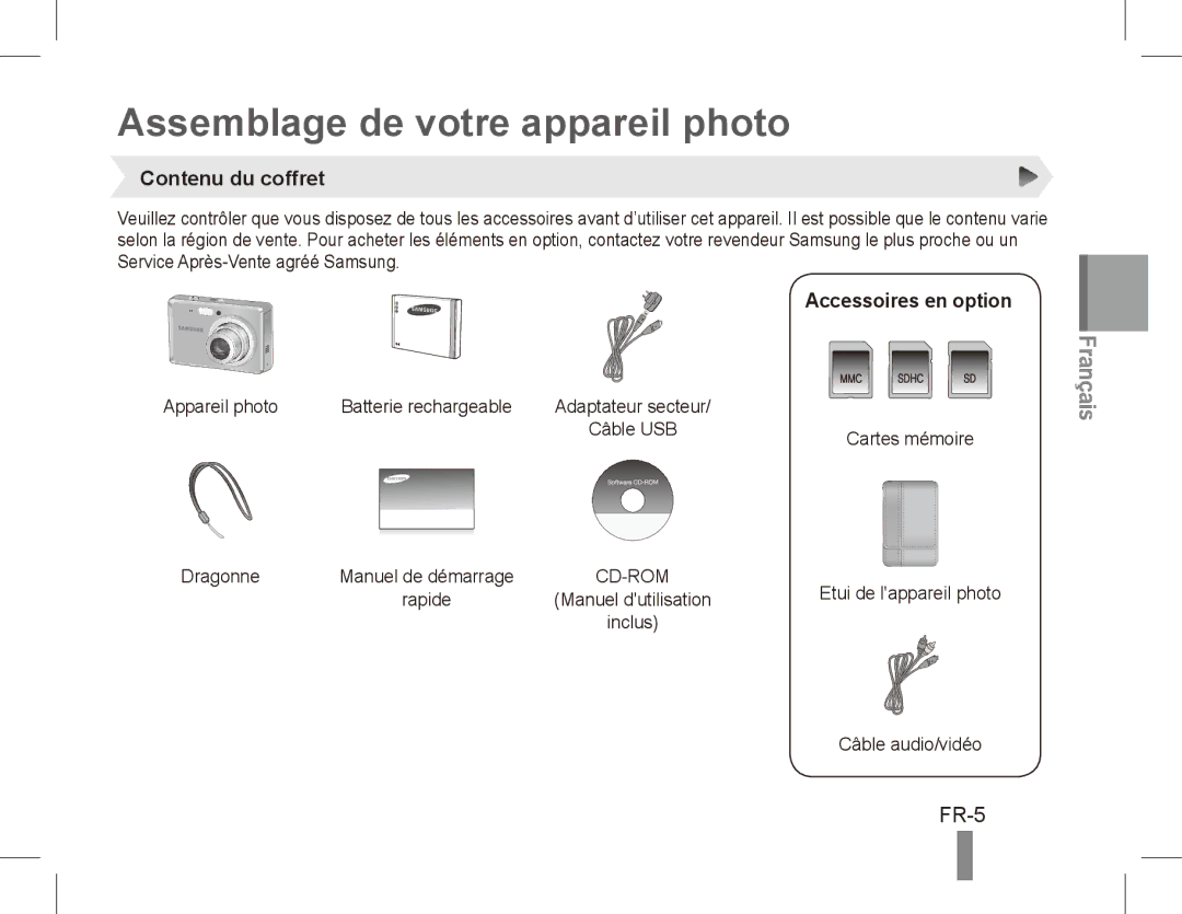 Samsung EC-ES60ZZBPRE3, EC-ES63ZZBPAE1 Assemblage de votre appareil photo, FR-5, Contenu du coffret, Accessoires en option 