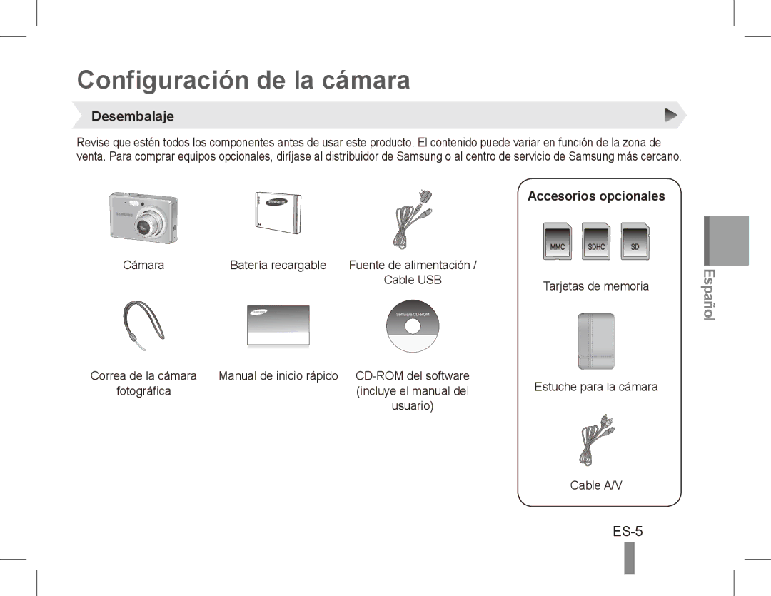 Samsung EC-ES60ZZBPBE1, EC-ES63ZZBPAE1, EC-ES60ZZBPPE1 Configuración de la cámara, ES-5, Desembalaje, Accesorios opcionales 