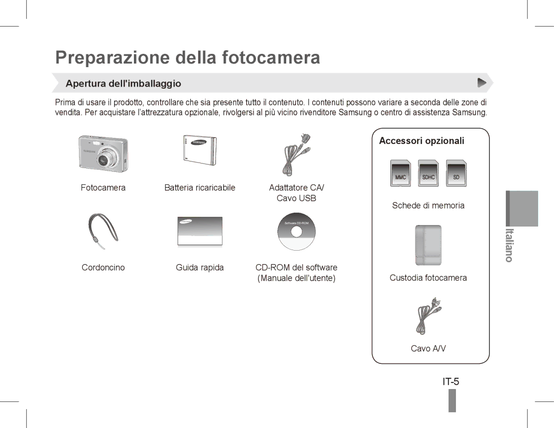 Samsung EC-ES60ZZBPASA, EC-ES63ZZBPAE1 Preparazione della fotocamera, IT-5, Apertura dellimballaggio, Accessori opzionali 