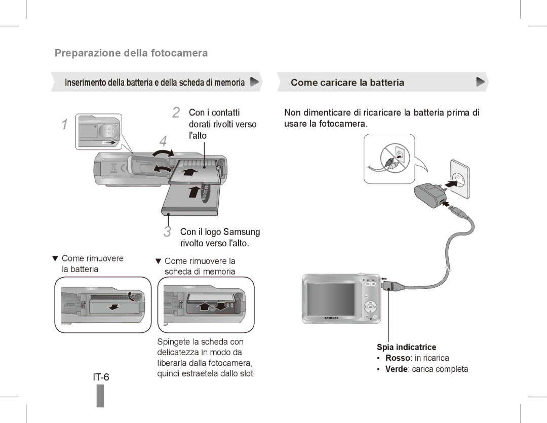 Samsung EC-ES60ZZBPBSA IT-6, Come caricare la batteria, Con i contatti, Dorati rivolti verso Usare la fotocamera Lalto 