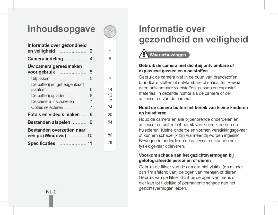 Samsung EC-ES60ZZBPBVN manual Inhoudsopgave, Informatie over gezondheid en veiligheid, NL-2, Specificaties… ……………… 