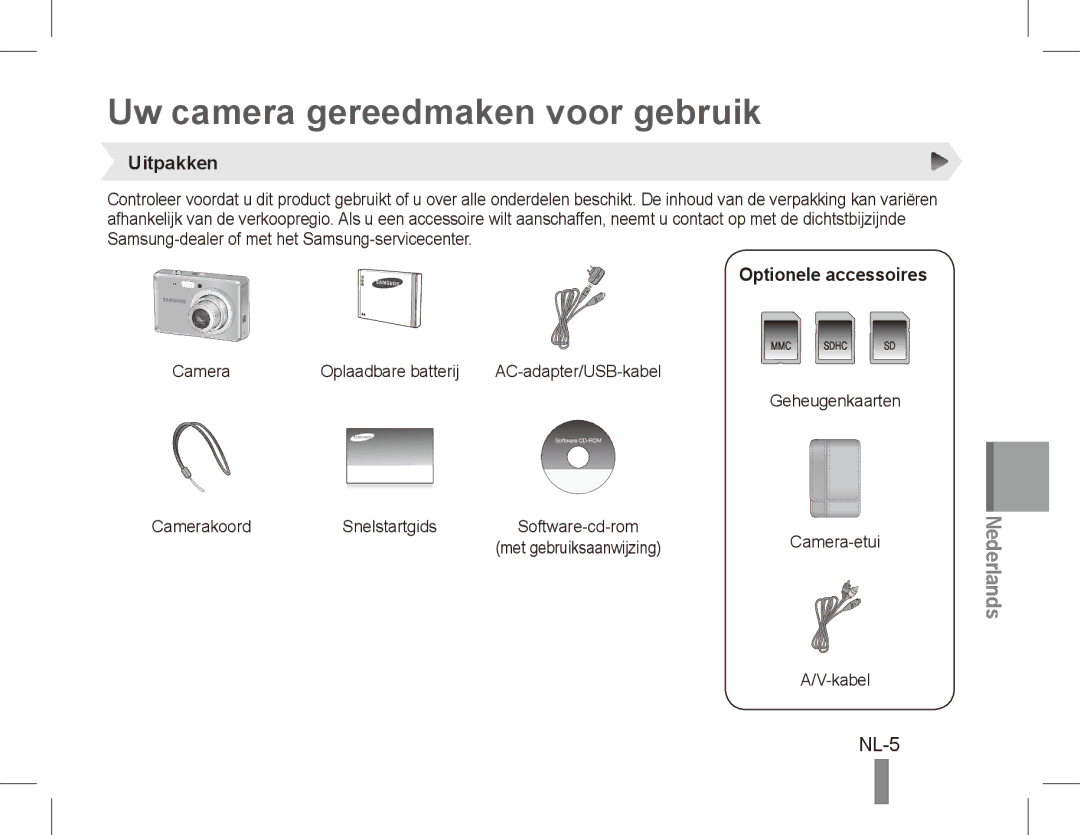 Samsung EC-ES60ZZBPBE3, EC-ES63ZZBPAE1 manual Uw camera gereedmaken voor gebruik, NL-5, Uitpakken, Optionele accessoires 