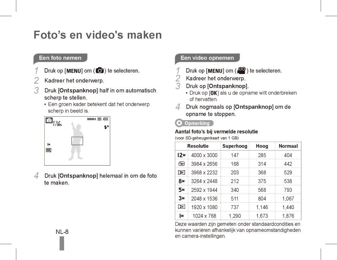 Samsung EC-ES60ZZBPRE3, EC-ES63ZZBPAE1, EC-ES60ZZBPPE1, EC-ES60ZZBPBE1 manual Foto’s en videos maken, Een video opnemen 