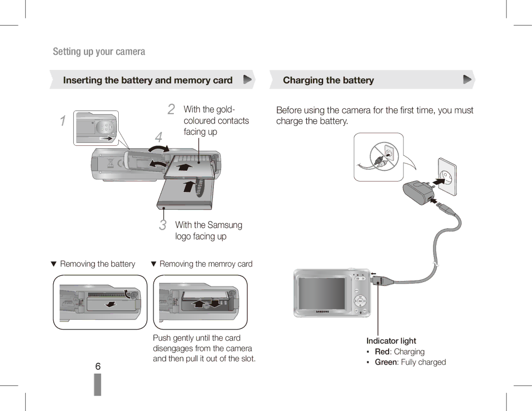 Samsung EC-ES60ZZBPPIT, EC-ES63ZZBPAE1 manual Inserting the battery and memory card Charging the battery, With the gold 