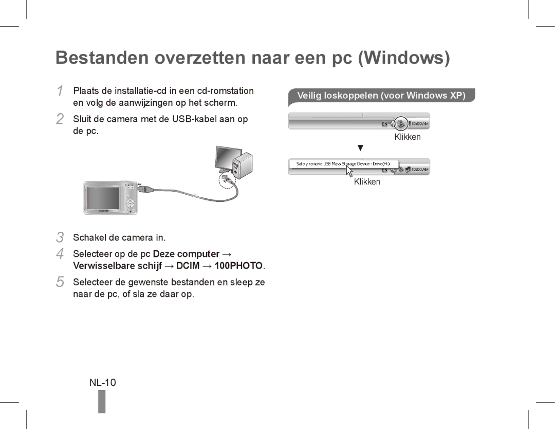 Samsung EC-ES60ZZBPBRU, EC-ES63ZZBPAE1 Bestanden overzetten naar een pc Windows, NL-10, Veilig loskoppelen voor Windows XP 