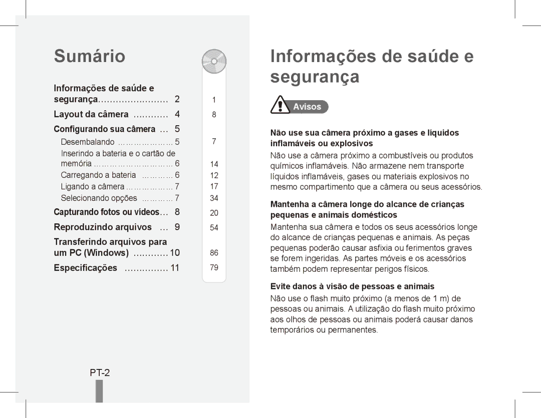 Samsung EC-ES60ZZBPRRU, EC-ES63ZZBPAE1 manual Sumário, Informações de saúde e segurança, PT-2, Transferindo arquivos para 