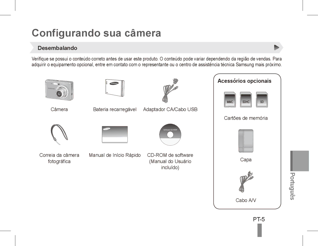 Samsung EC-ES60ZZBPRGS, EC-ES63ZZBPAE1, EC-ES60ZZBPPE1 Configurando sua câmera, PT-5, Desembalando, Acessórios opcionais 