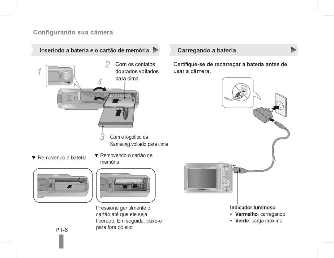 Samsung EC-ES63ZZBPAE1, EC-ES60ZZBPPE1 PT-6, Com os contatos, Dourados voltados Usar a câmera Para cima Com o logotipo da 