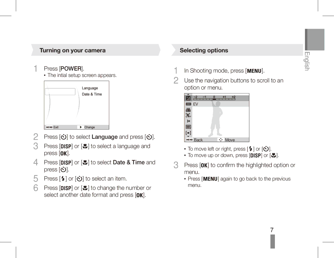 Samsung EC-ES60ZZBPAIT, EC-ES63ZZBPAE1, EC-ES60ZZBPPE1, EC-ES60ZZBPBE1 manual Turning on your camera, Selecting options 