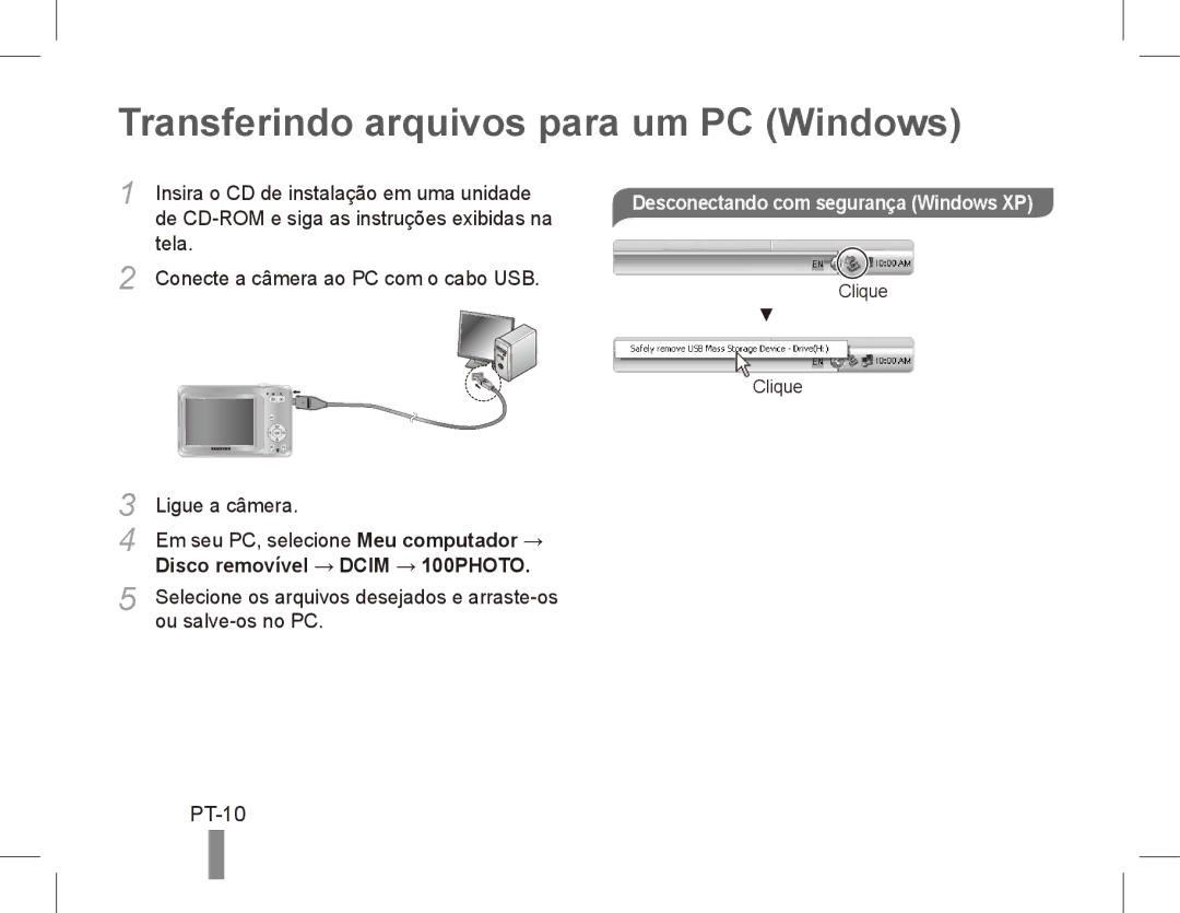 Samsung EC-ES60ZZBPRIT manual Transferindo arquivos para um PC Windows, PT-10, Desconectando com segurança Windows XP 