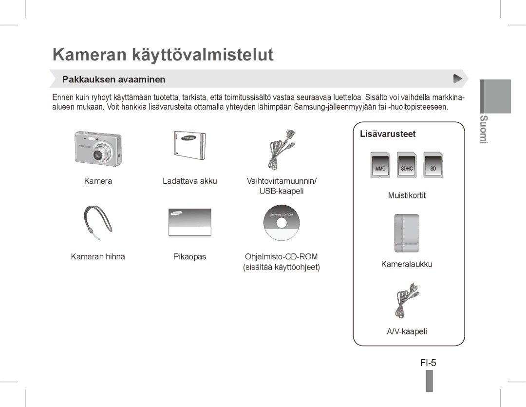 Samsung EC-ES60ZZDPPME, EC-ES63ZZBPAE1 manual Kameran käyttövalmistelut, FI-5, Pakkauksen avaaminen, Lisävarusteet, Kaapeli 