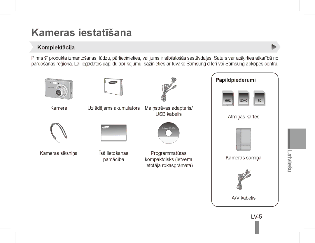 Samsung EC-ES60ZZBPBE3, EC-ES63ZZBPAE1 manual Kameras iestatīšana, LV-5, Komplektācija, Papildpiederumi, Kameras siksniņa 