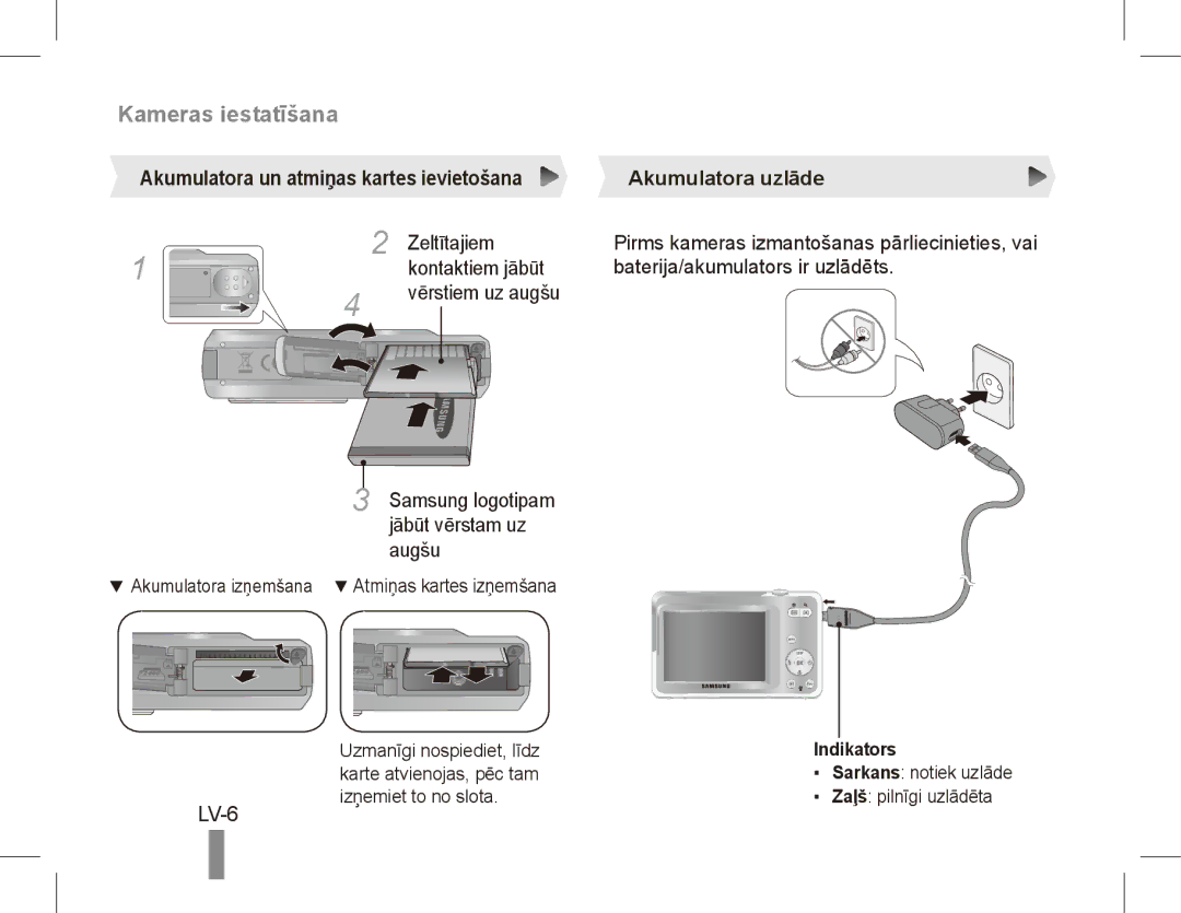 Samsung EC-ES60ZZBPAE3, EC-ES63ZZBPAE1, EC-ES60ZZBPPE1, EC-ES60ZZBPBE1, EC-ES60ZZBPAE1 manual LV-6, Zeltītajiem, Indikators 