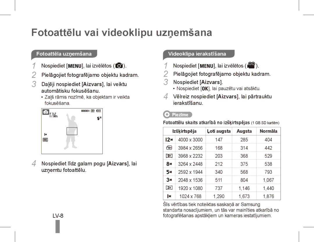 Samsung EC-ES60ZZBPRE3, EC-ES63ZZBPAE1, EC-ES60ZZBPPE1 Fotoattēlu vai videoklipu uzņemšana, LV-8, Videoklipa ierakstīšana 