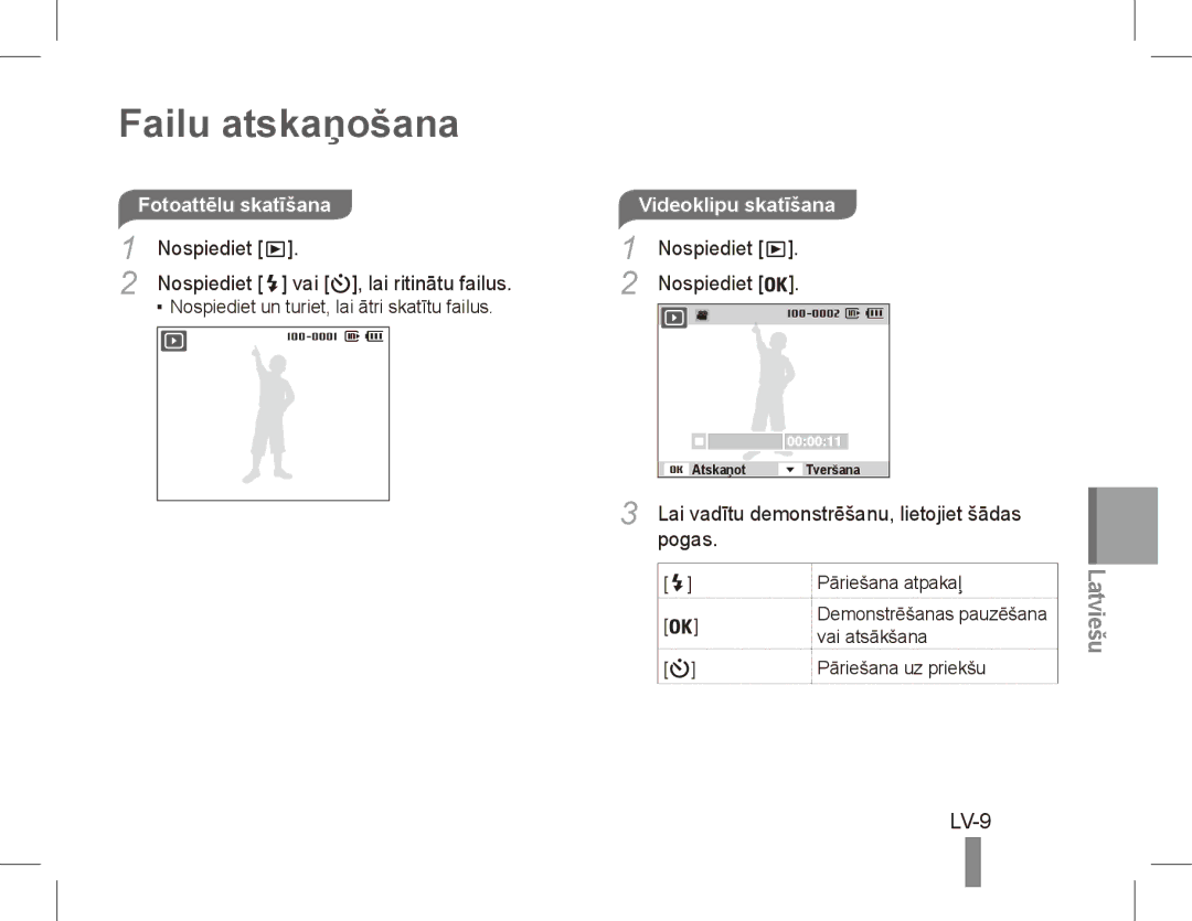 Samsung EC-ES60ZZBPARU, EC-ES63ZZBPAE1 manual Failu atskaņošana, LV-9, Fotoattēlu skatīšanaVideoklipu skatīšana, Pogas 