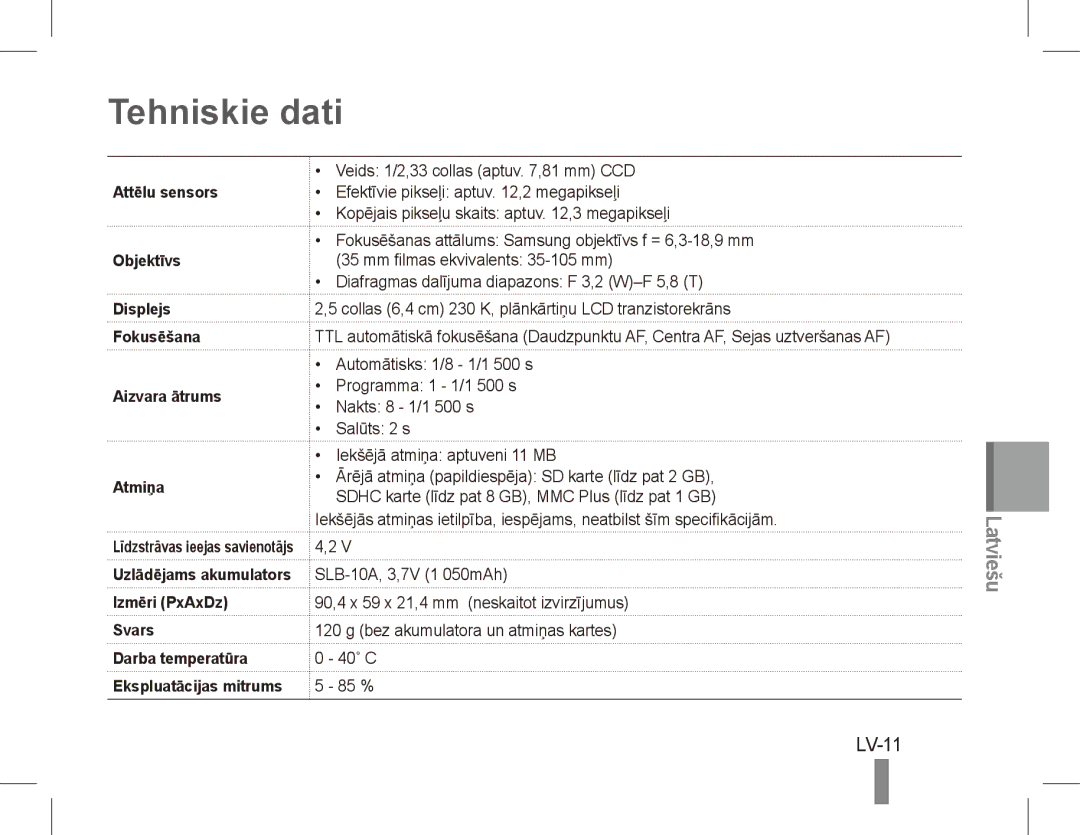 Samsung EC-ES60ZZBPPRU, EC-ES63ZZBPAE1, EC-ES60ZZBPPE1, EC-ES60ZZBPBE1, EC-ES60ZZBPAE1, EC-ES60ZZBPRIT Tehniskie dati, LV-11 